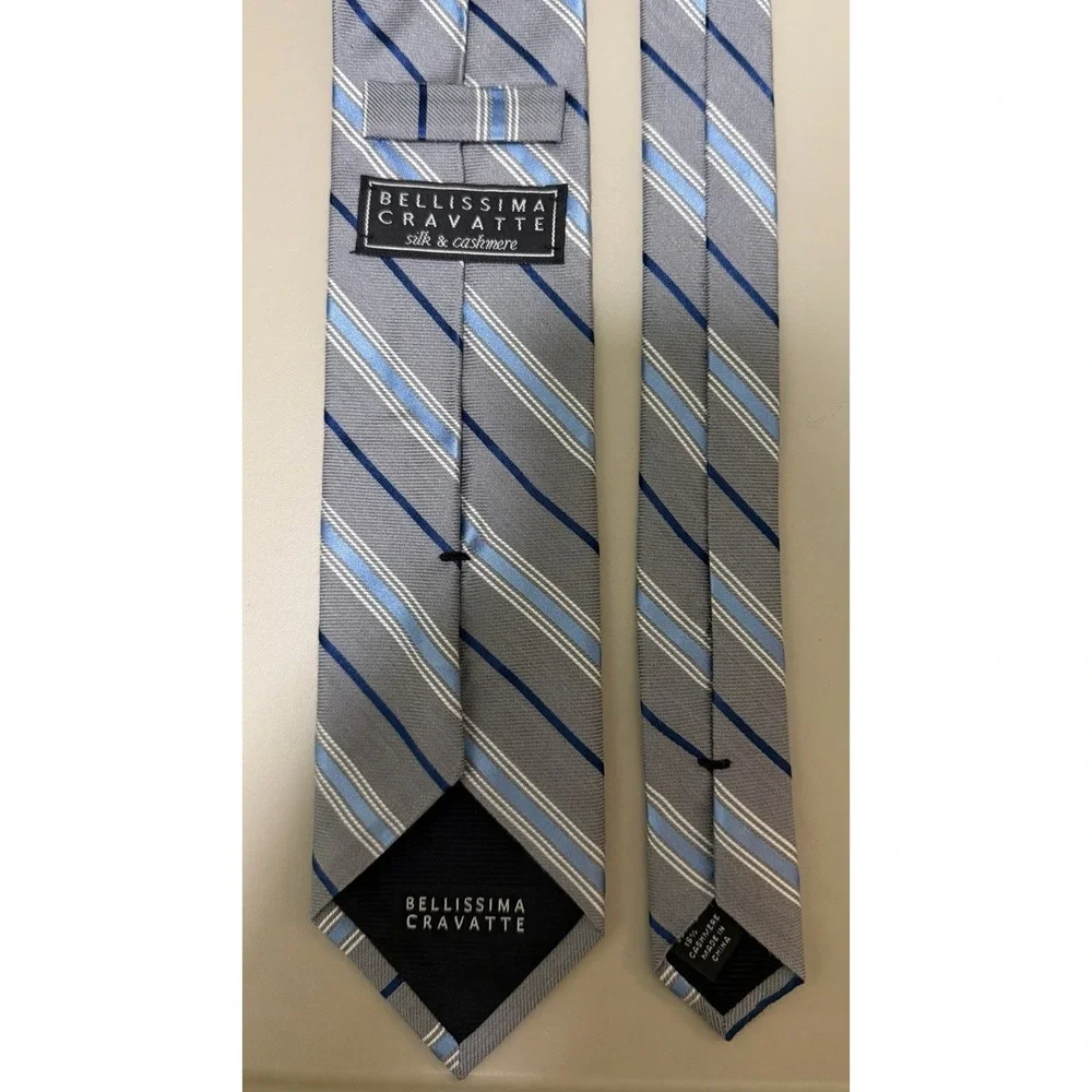 Bellissima Cravatte Cashmere Silk Blend Necktie Tie Striped Gray Blue Classic